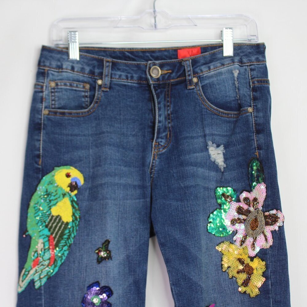 V. Cristina Parrot Floral Embellished Denim Jeans Size 4 - Picture 2 of 9